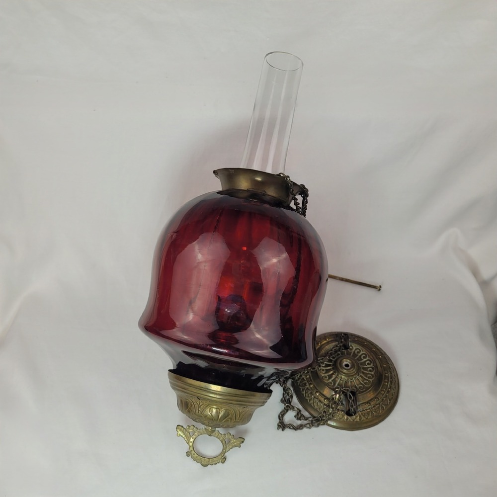 Antique Ruby Red Glass Hanging Oil Lamp Macbeth Pearl Glass Chimney Brass Trim